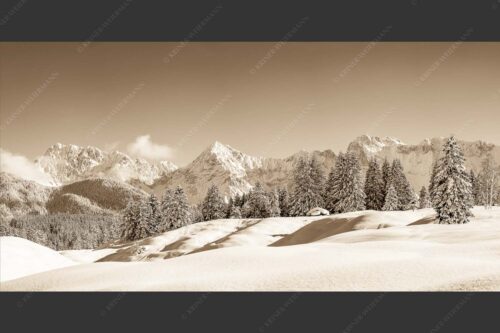 Einsamer Wiesmahdstadel mit viel Schnee und Wörner, Tiefkar und Westlicher Karwendelspitze im Hintergrund - Richtig Winter 2:1 sepia -- Winterlandschaft Karwendel - mehr Infos bei www.Kriner-Weiermann.de