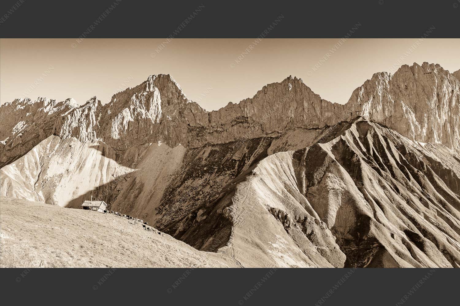 Bergschafe an der Erinnerungshütte mit Oberreintalschrofen und Scharnitzspitze im Wettersteingebirge - Scharnitzjoch 2:1 sepia -- Schafe mit Erinnerungshütte im Wetterstein - mehr Infos bei www.Kriner-Weiermann.de