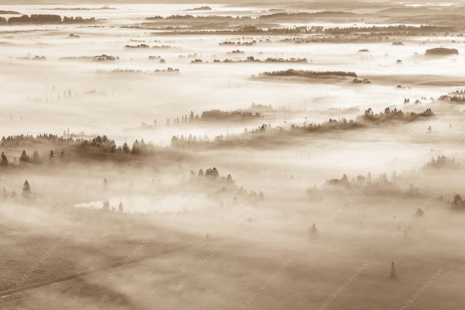 Nebelstimmung im Kochlermoos - Schleiergewand 3:2 sepia -- Morgenstimmung bei Kochel - mehr Infos bei www.Kriner-Weiermann.de