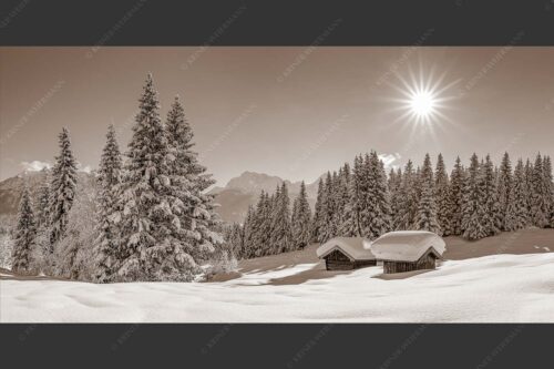 Eine tiefverschneite Winterlandschaft zwischen Krün und Mittenwald zeigt sich im Sonnenschein - Schneereich 2:1 sepia -- Viel Schnee im Isartal - mehr Infos bei www.Kriner-Weiermann.de
