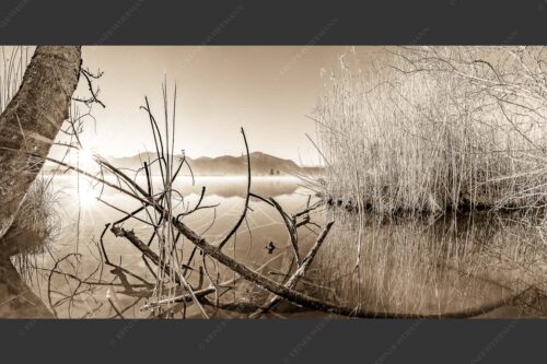 Idylische Ruhe am See - Stiller Morgen am See 2:1 sepia -- Sonnenaufgang am Eichsee - mehr Infos bei www.Kriner-Weiermann.de