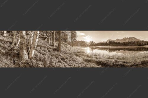 Blick über den Wildensee zum Sonnenaufgang am Soierngebirge und Karwendel - Stiller Morgen 4:1 sepia -- Wildensee und Karwendel - mehr Infos bei www.Kriner-Weiermann.de