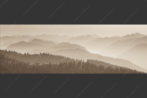 Morgenstimmung bei der Krüner Alm mit Panoramablick vom Wendelstein bis Zugspitze - Über d Oima 3:1 sepia -- Bayerische Voralpen mit Krüner Alm - mehr Infos bei www.Kriner-Weiermann.de