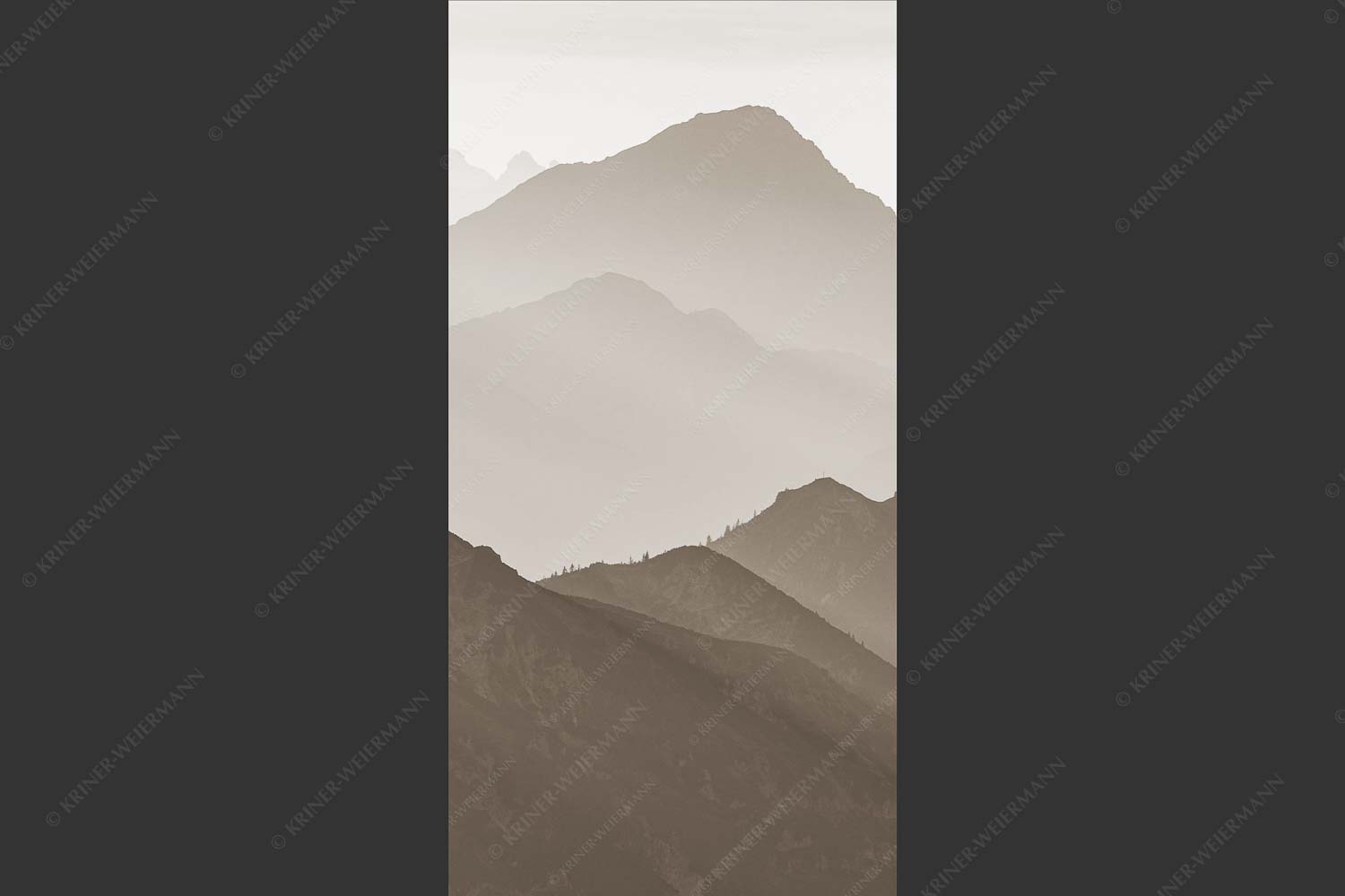 Weit schweift der Blick über das Ammergebirge bis hin zu den Allgäuer Alpen - Welt der Sihouetten 1:2 sepia -- Gipfel und Bergketten - mehr Infos bei www.Kriner-Weiermann.de