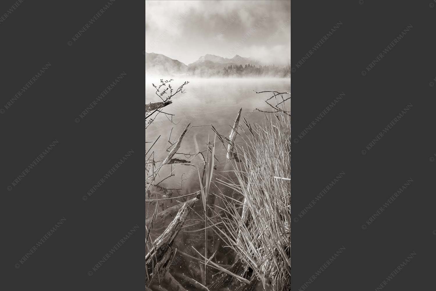 Blick über Barmsee zum Karwendelgebirge - Wildes Ufer 1:2 sw -- Nebel am Barmsee mit Karwendel - mehr Infos bei www.Kriner-Weiermann.de