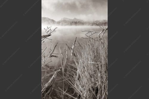 Blick über Barmsee zum Karwendelgebirge - Wildes Ufer 2:3 sepia -- Nebel am Barmsee mit Karwendel - mehr Infos bei www.Kriner-Weiermann.de