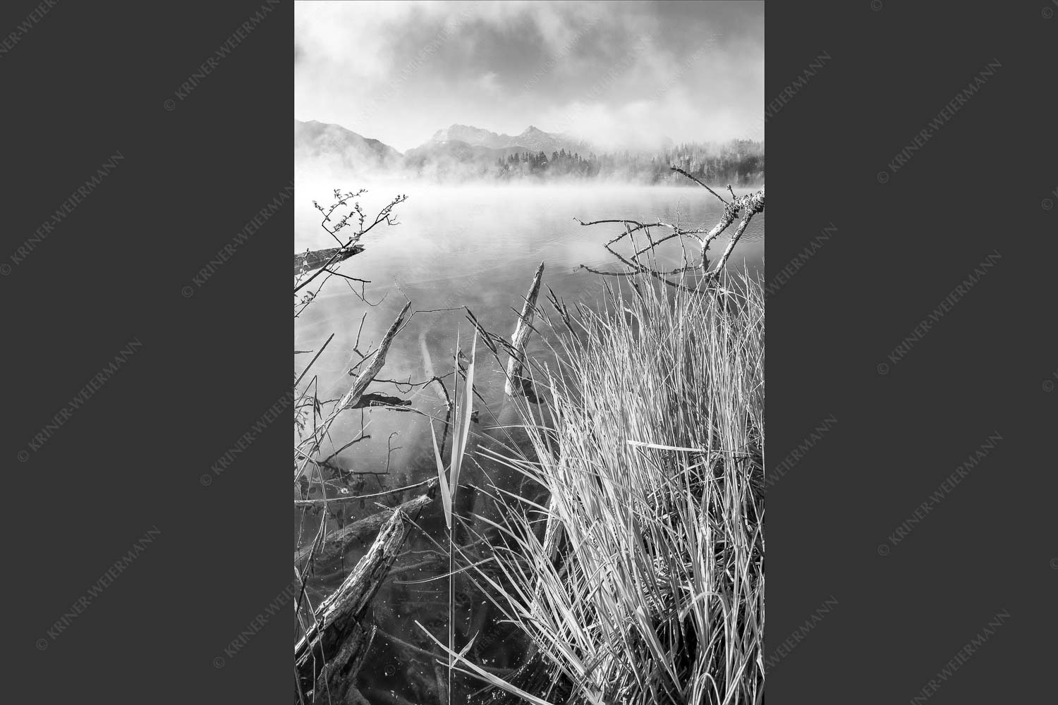 Blick über Barmsee zum Karwendelgebirge - Wildes Ufer 2:3 sw -- Nebel am Barmsee mit Karwendel - mehr Infos bei www.Kriner-Weiermann.de