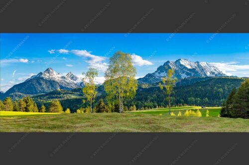 Buckelwiesen bei Mittenwald mit Blick zum Wetterstein und den Arnspitzen - Wohlklang 2,5:1  -- Arnspitzen und Wettersteinspitze - mehr Infos bei www.Kriner-Weiermann.de