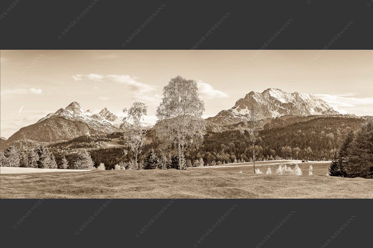 Buckelwiesen bei Mittenwald mit Blick zum Wetterstein und den Arnspitzen - Wohlklang 2,5:1 sepia -- Arnspitzen und Wettersteinspitze - mehr Infos bei www.Kriner-Weiermann.de