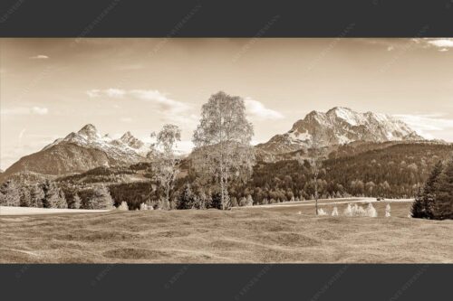 Buckelwiesen bei Mittenwald mit Blick zum Wetterstein und den Arnspitzen - Wohlklang 2:1 sepia -- Arnspitzen und Wettersteinspitze - mehr Infos bei www.Kriner-Weiermann.de