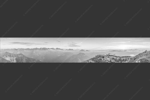 Bergschafe am Gipfel des Schafreiter im Karwendelgebirge bei Sonnenuntergang - Alle Schäfchen beisammen 6:1 sw -- Schafe am Schafreiter im Karwendel - mehr Infos bei www.Kriner-Weiermann.de