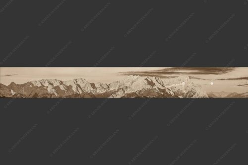 Erstes Morgenlicht am Wettersteinmassiv mit Monduntergang neben der Zugspitze - Am Wetterstein vorbei 8:1 sepia -- Zugspitze Vollmond - mehr Infos bei www.Kriner-Weiermann.de