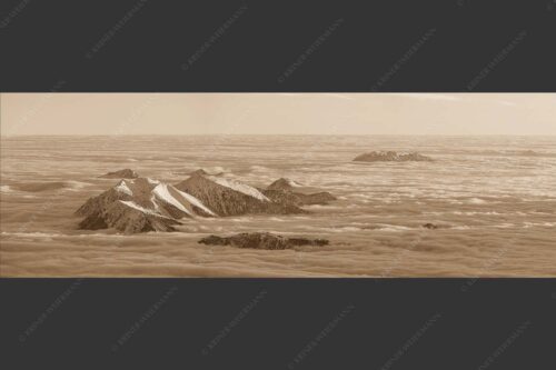 Der Blick von der Zugspitze auf das Estergebirge das wie Inseln aus dem Nebel ragt - Atlantis 3:1 sepia -- Estergebirge im Nebelmeer - mehr Infos bei www.Kriner-Weiermann.de