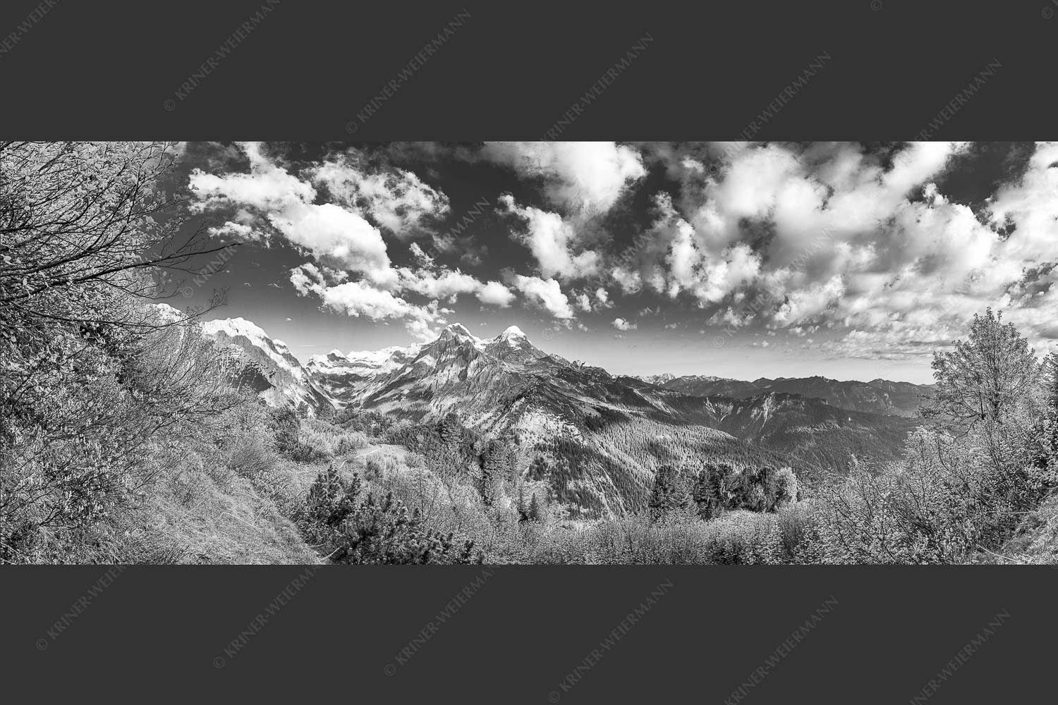 Blick über die Aussichtskanzel am Schachen zum Alpspitzmassiv mit Zugspitzplatt - Bella Vista 2,5:1 sw -- Aussicht vom Schachen - mehr Infos bei www.Kriner-Weiermann.de