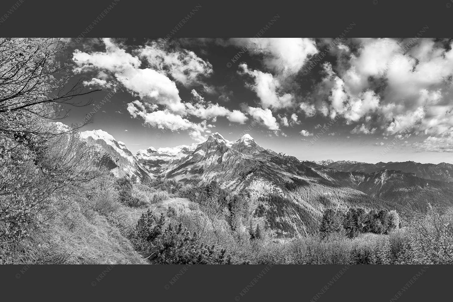 Blick über die Aussichtskanzel am Schachen zum Alpspitzmassiv mit Zugspitzplatt - Bella Vista 2:1 sw -- Aussicht vom Schachen - mehr Infos bei www.Kriner-Weiermann.de
