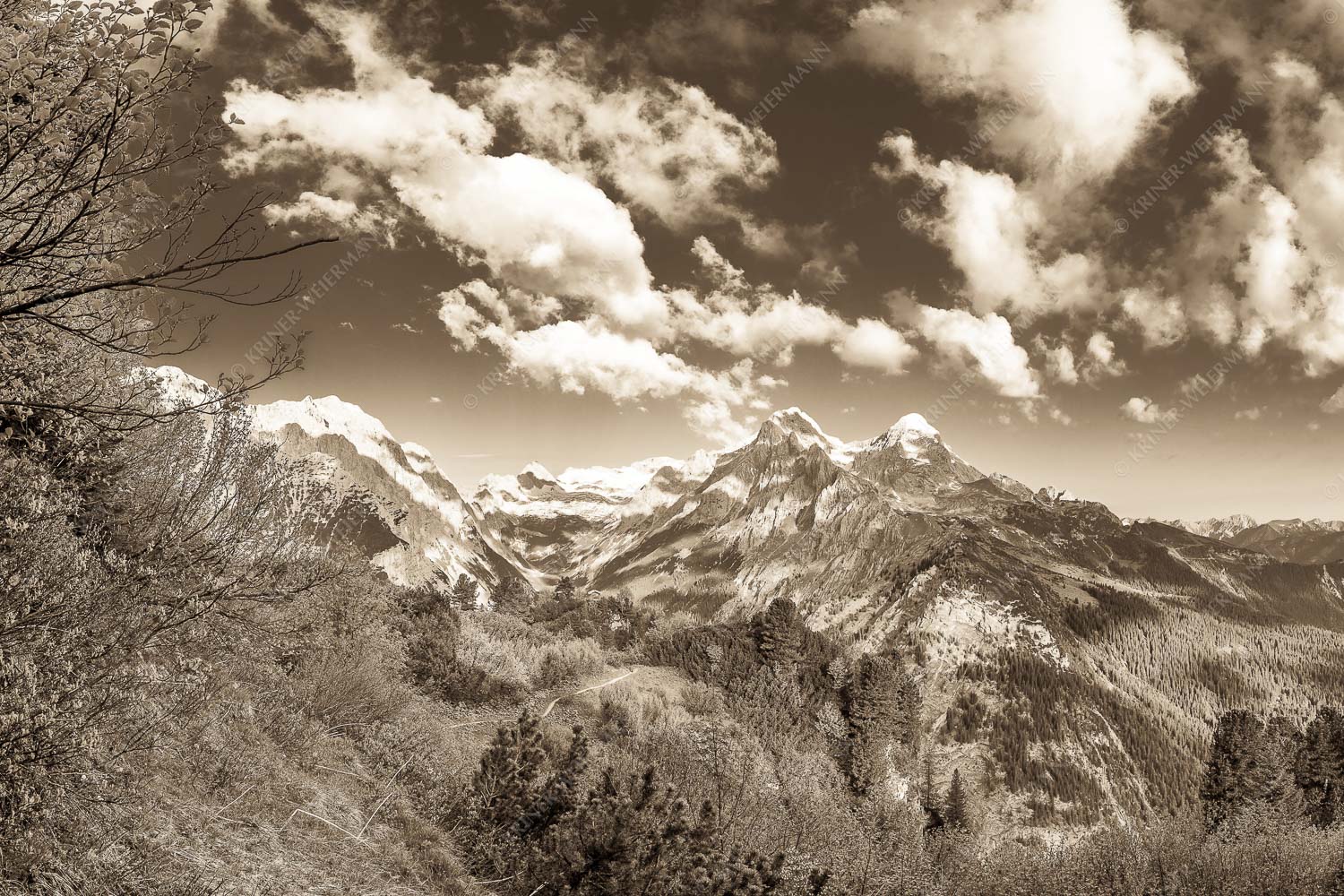 Blick über die Aussichtskanzel am Schachen zum Alpspitzmassiv mit Zugspitzplatt - Bella Vista 3:2 sepia -- Aussicht vom Schachen - mehr Infos bei www.Kriner-Weiermann.de