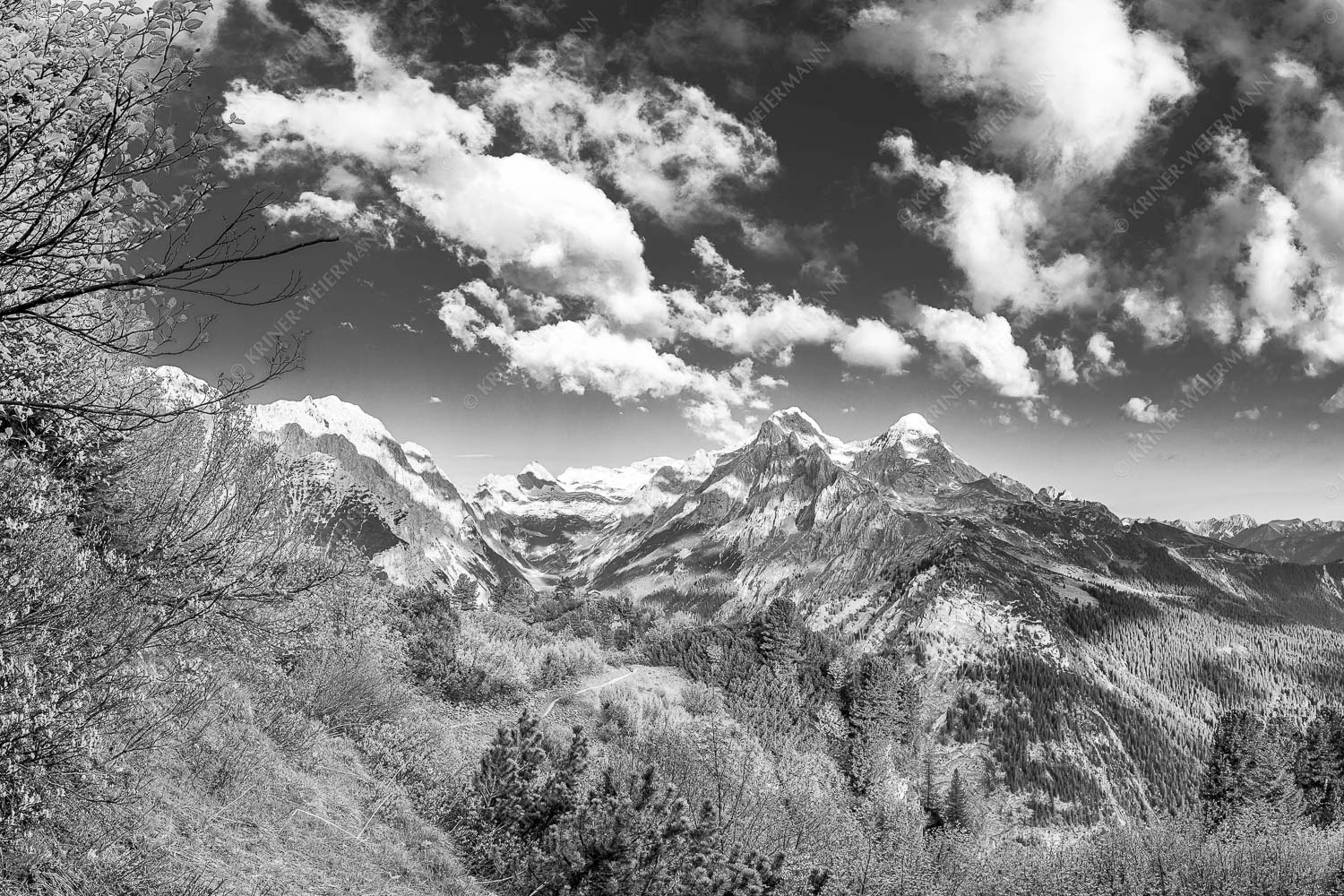 Blick über die Aussichtskanzel am Schachen zum Alpspitzmassiv mit Zugspitzplatt - Bella Vista 3:2 sw -- Aussicht vom Schachen - mehr Infos bei www.Kriner-Weiermann.de