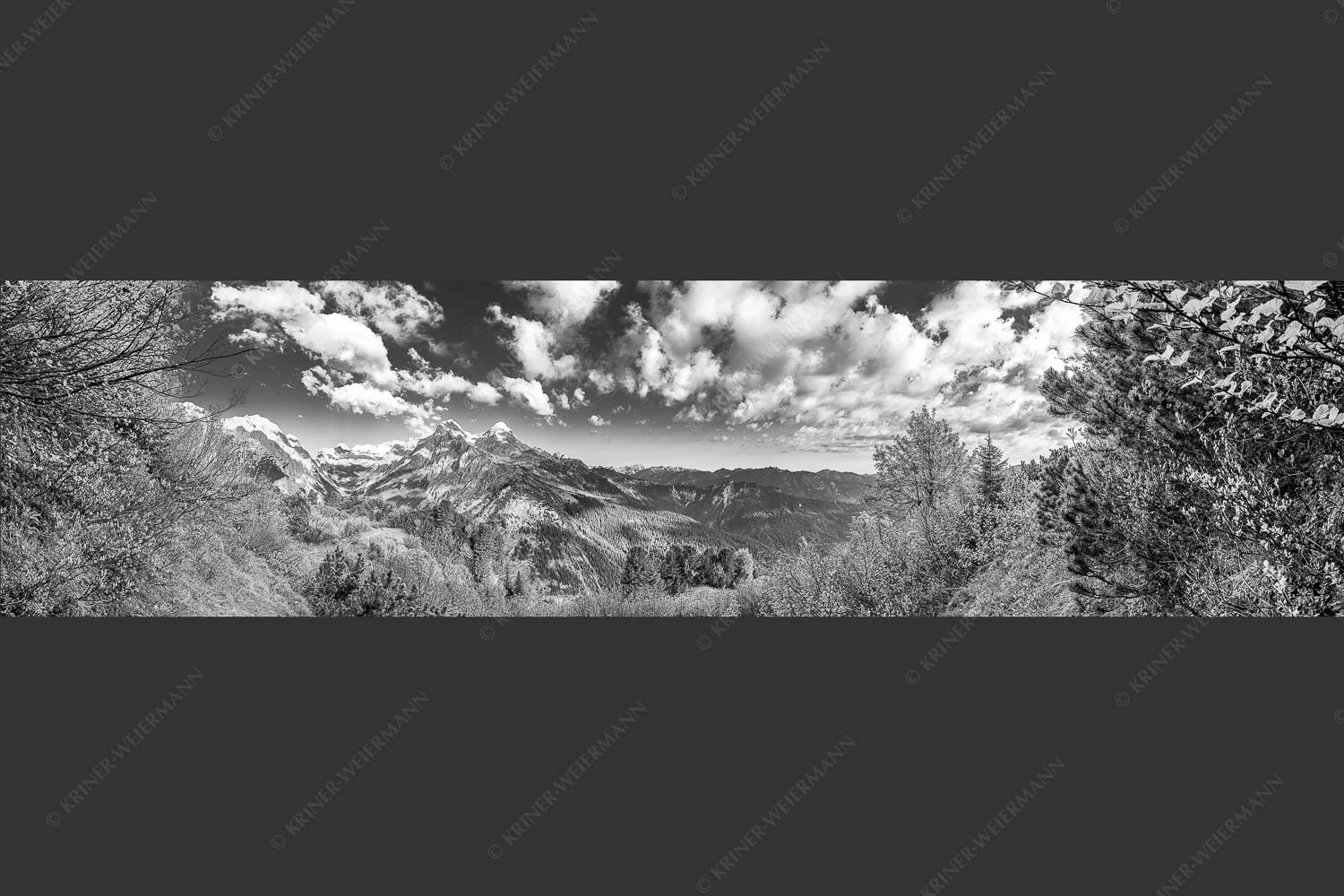 Blick über die Aussichtskanzel am Schachen zum Alpspitzmassiv mit Zugspitzplatt - Bella Vista 4:1 sw -- Aussicht vom Schachen - mehr Infos bei www.Kriner-Weiermann.de