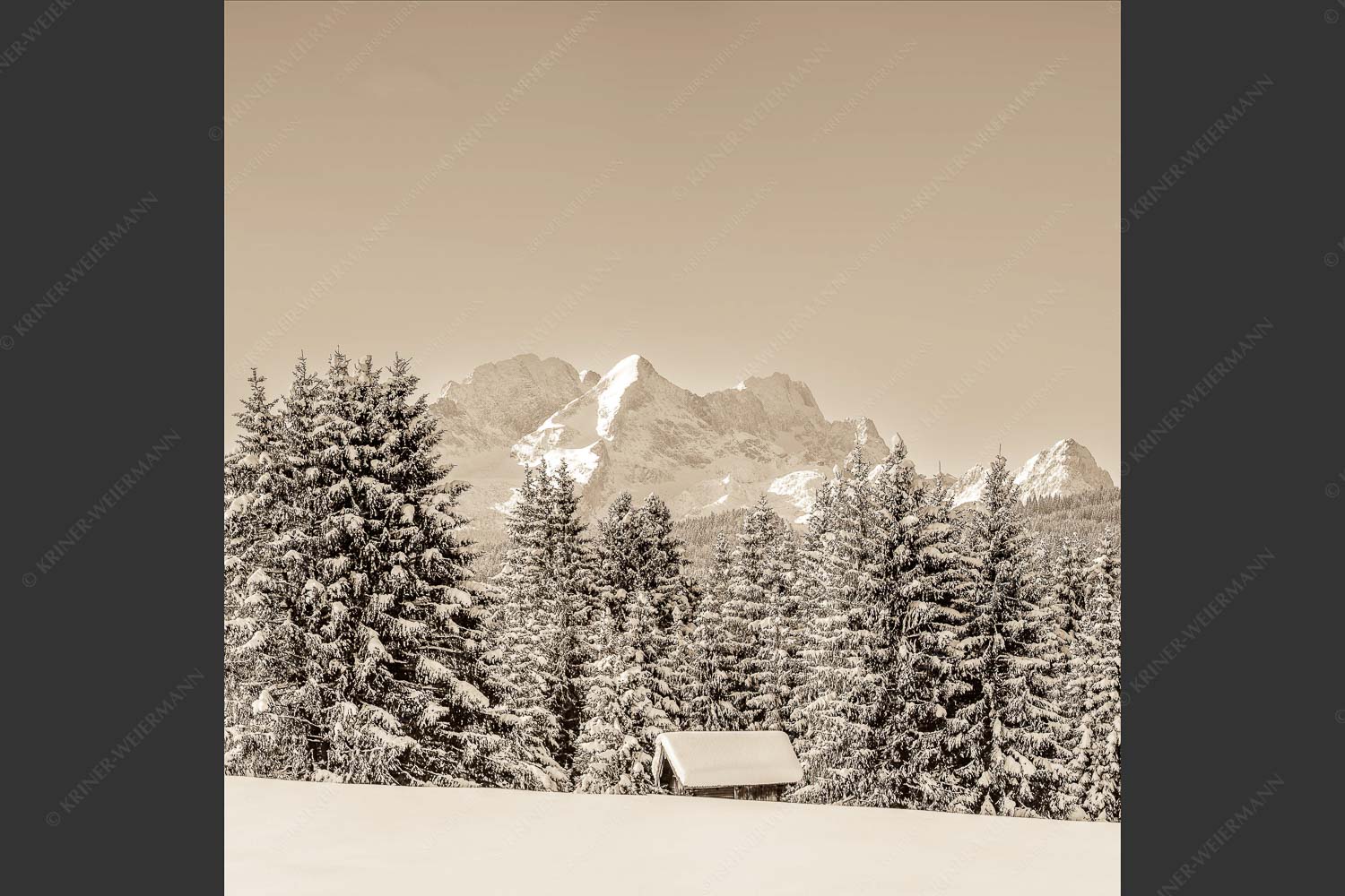 Blick zum Wettersteingebirge mit Zugspitzmassiv - Der Wetterstein 1:1 sepia -- Winter Wald und Heustadel - mehr Infos bei www.Kriner-Weiermann.de