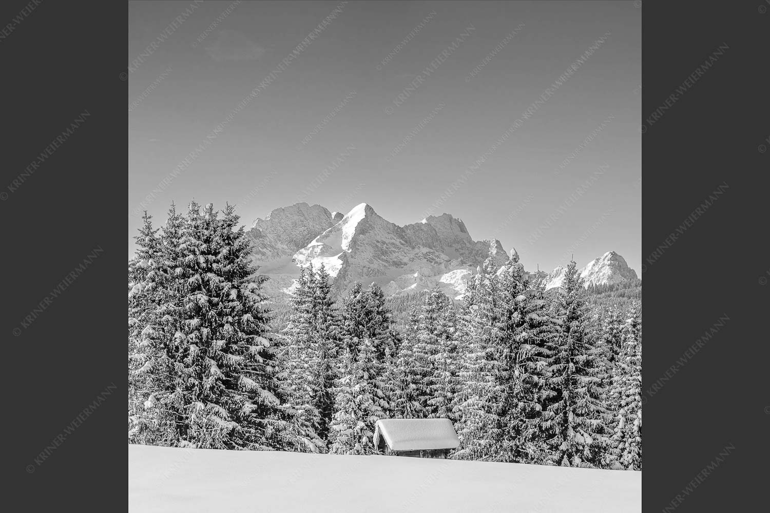 Blick zum Wettersteingebirge mit Zugspitzmassiv - Der Wetterstein 1:1 sw -- Winter Wald und Heustadel - mehr Infos bei www.Kriner-Weiermann.de