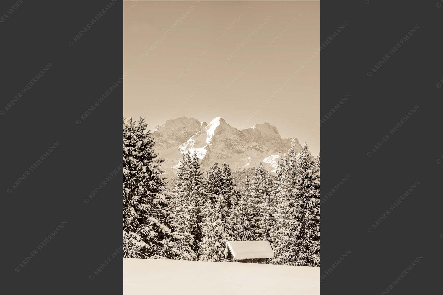 Blick zum Wettersteingebirge mit Zugspitzmassiv - Der Wetterstein 2:3 sepia -- Winter Wald und Heustadel - mehr Infos bei www.Kriner-Weiermann.de