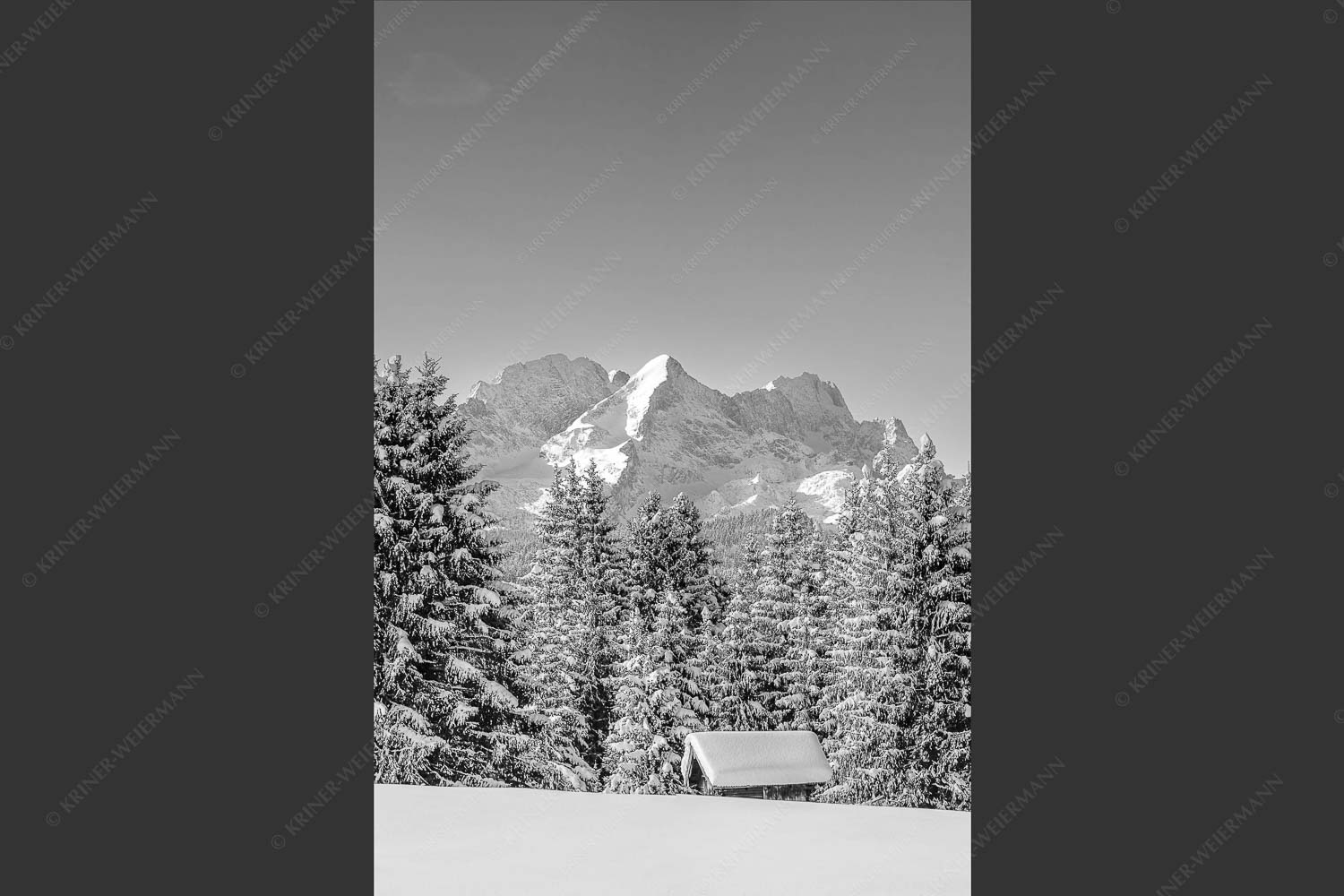 Blick zum Wettersteingebirge mit Zugspitzmassiv - Der Wetterstein 2:3 sw -- Winter Wald und Heustadel - mehr Infos bei www.Kriner-Weiermann.de