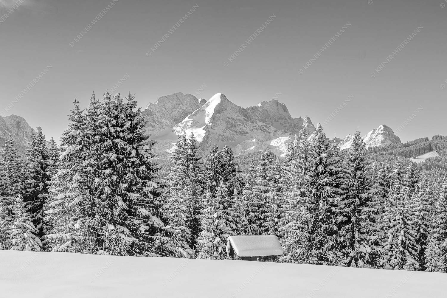 Blick zum Wettersteingebirge mit Zugspitzmassiv - Der Wetterstein 3:2 sw -- Winter Wald und Heustadel - mehr Infos bei www.Kriner-Weiermann.de