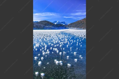 Eisblumen am Barmsee mit Blick zum Wettersteingebirge mit Zugspitzmassiv - Eisrosen 2:3  -- Eiskristalle auf Barmsee - mehr Infos bei www.Kriner-Weiermann.de
