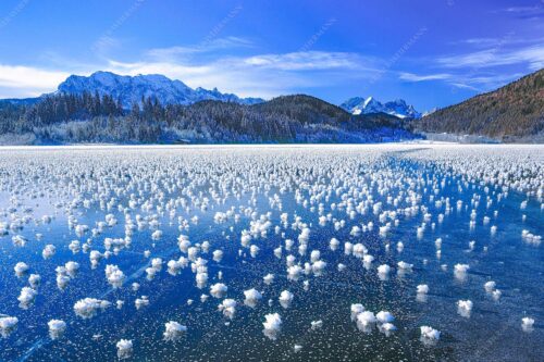 Eisblumen am Barmsee mit Blick zum Wettersteingebirge mit Zugspitzmassiv - Eisrosen 3:2  -- Eiskristalle auf Barmsee - mehr Infos bei www.Kriner-Weiermann.de