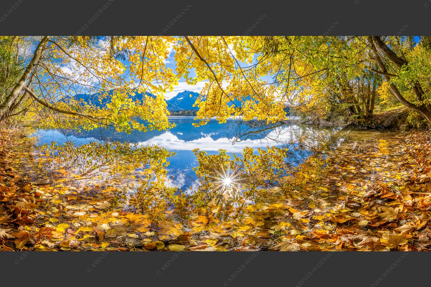 Wenn die Äste mit buntem Laub beinahe das Wasser berühren entstehen traumhafte Bilder - Farbpalette 2:1  -- Barmsee mit Karwendlegebirge - mehr Infos bei www.Kriner-Weiermann.de