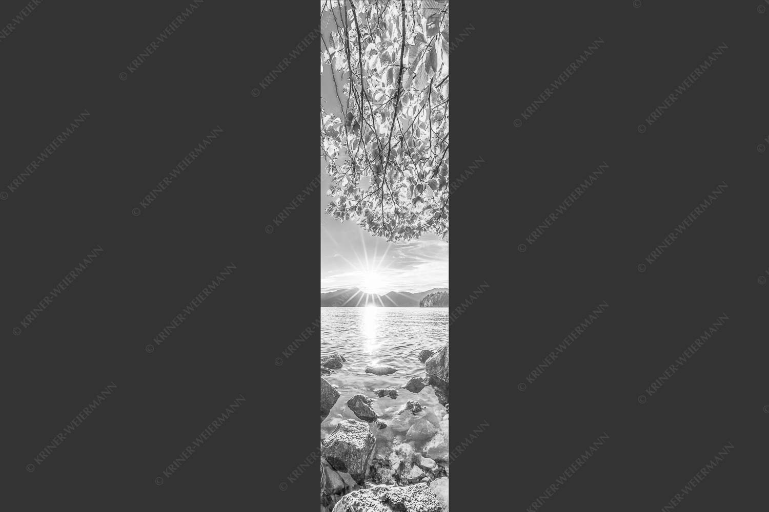 Blick über den Walchensee mit Insel Sassau zum Sonnenuntergang im Estergebirge - Fenster zum See 1:4 sw -- Walchensee Insel Sassau mit Estergebirge - mehr Infos bei www.Kriner-Weiermann.de