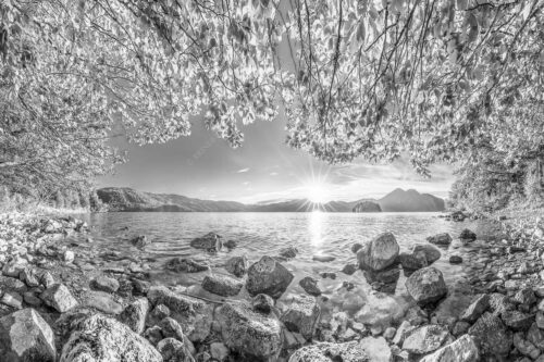 Blick über den Walchensee mit Insel Sassau zum Sonnenuntergang im Estergebirge - Fenster zum See 3:2 sw -- Walchensee Insel Sassau mit Estergebirge - mehr Infos bei www.Kriner-Weiermann.de