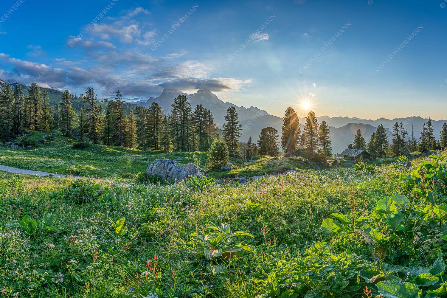Die letzten Sonnenstrahlen wärmen noch die Almwiesen rund um das Schachenschloss - Frühling am Schachen 3:2  -- Sonnenuntergang im Wettersteingebirge - mehr Infos bei www.Kriner-Weiermann.de