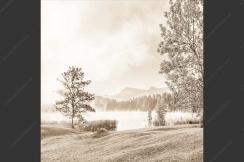 Morgenstimmung am Geroldsee mit Blick zum Karwendelgebirge - Frühnebel 1:1 sepia -- Geroldsee mit Karwendel - mehr Infos bei www.Kriner-Weiermann.de