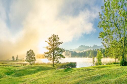 Morgenstimmung am Geroldsee mit Blick zum Karwendelgebirge - Frühnebel 3:2  -- Geroldsee mit Karwendel - mehr Infos bei www.Kriner-Weiermann.de