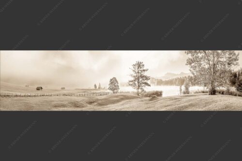 Morgenstimmung am Geroldsee mit Blick zum Karwendelgebirge - Frühnebel 4:1 sepia -- Geroldsee mit Karwendel - mehr Infos bei www.Kriner-Weiermann.de