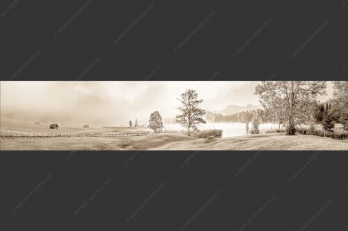 Morgenstimmung am Geroldsee mit Blick zum Karwendelgebirge - Frühnebel 5:1 sepia -- Geroldsee mit Karwendel - mehr Infos bei www.Kriner-Weiermann.de