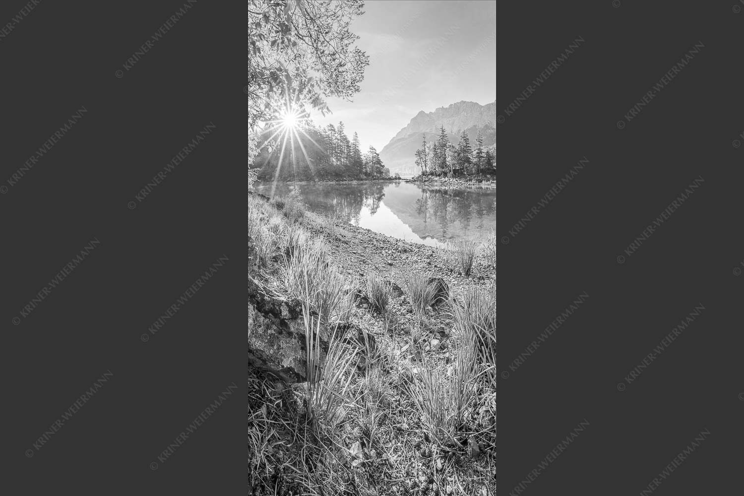 Blick über Eibsee zur Zugspitze im Wettersteingebirge - Heimliche Bucht 1:2 sw -- Sonnenaufgang am Eibsee mit Zugspitze - mehr Infos bei www.Kriner-Weiermann.de