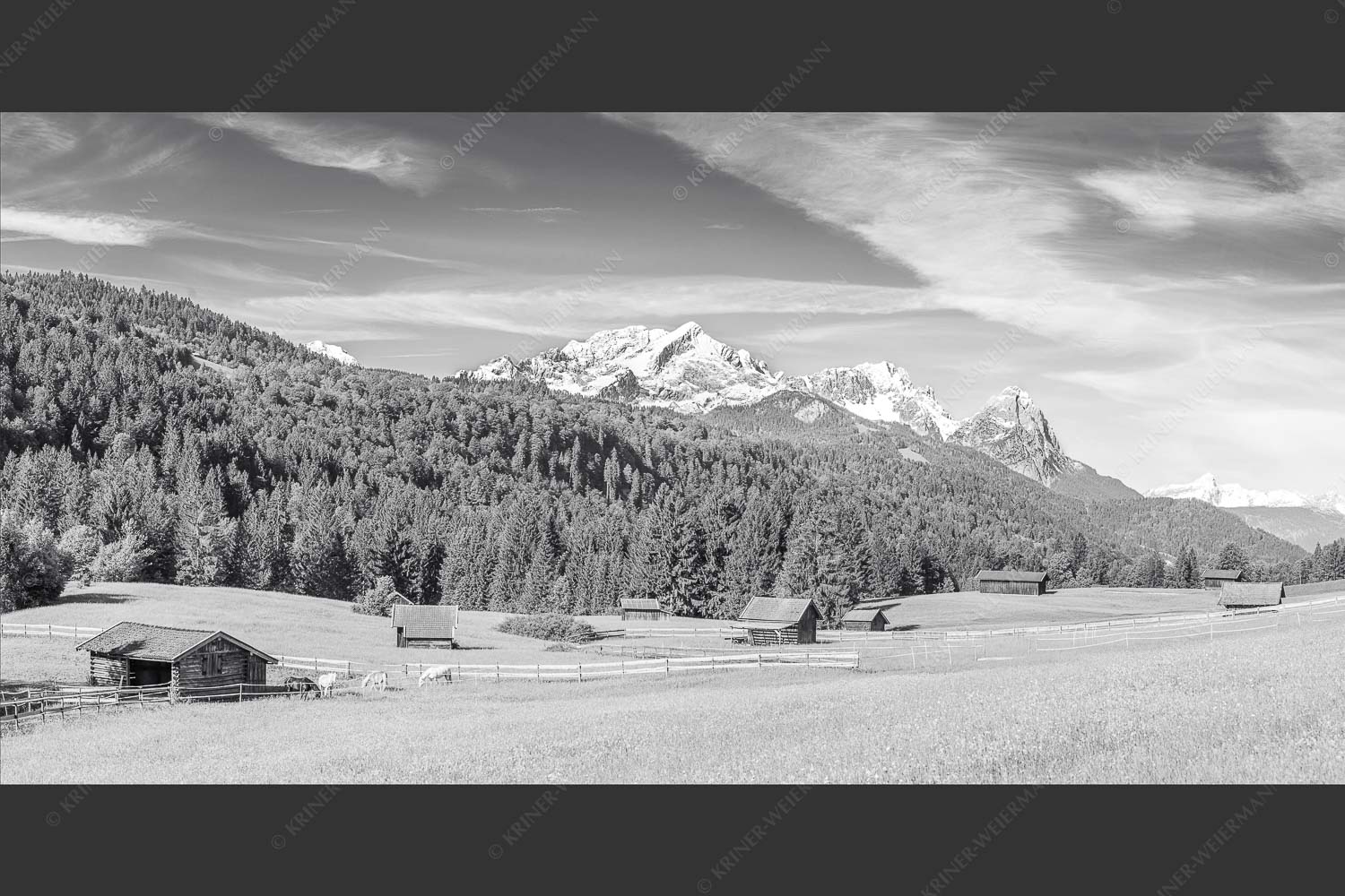 Typische Werdenfelser Landschaft mit Wiesen und Heustadeln und dem Blick zum Zugspitzmassiv - Idyllischer Zugspitzblick 2:1 sw -- Heustadel Alpspitze Zugspitze Waxenstein - mehr Infos bei www.Kriner-Weiermann.de