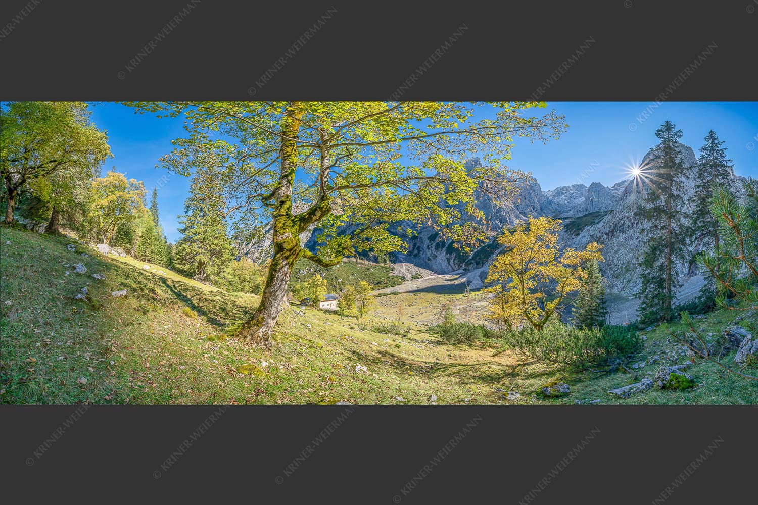 Letzte Sonne im Oberreintal im Wetterstein - Keiner mehr da! 2,5:1  -- Herbst Ahorn mit Oberreintalhütte - mehr Infos bei www.Kriner-Weiermann.de