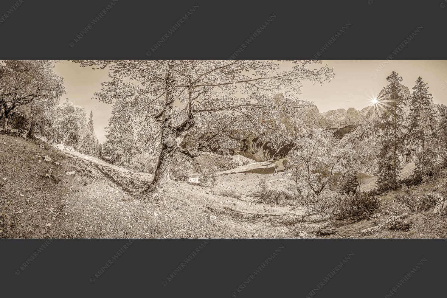 Letzte Sonne im Oberreintal im Wetterstein - Keiner mehr da! 2,5:1 sepia -- Herbst Ahorn mit Oberreintalhütte - mehr Infos bei www.Kriner-Weiermann.de