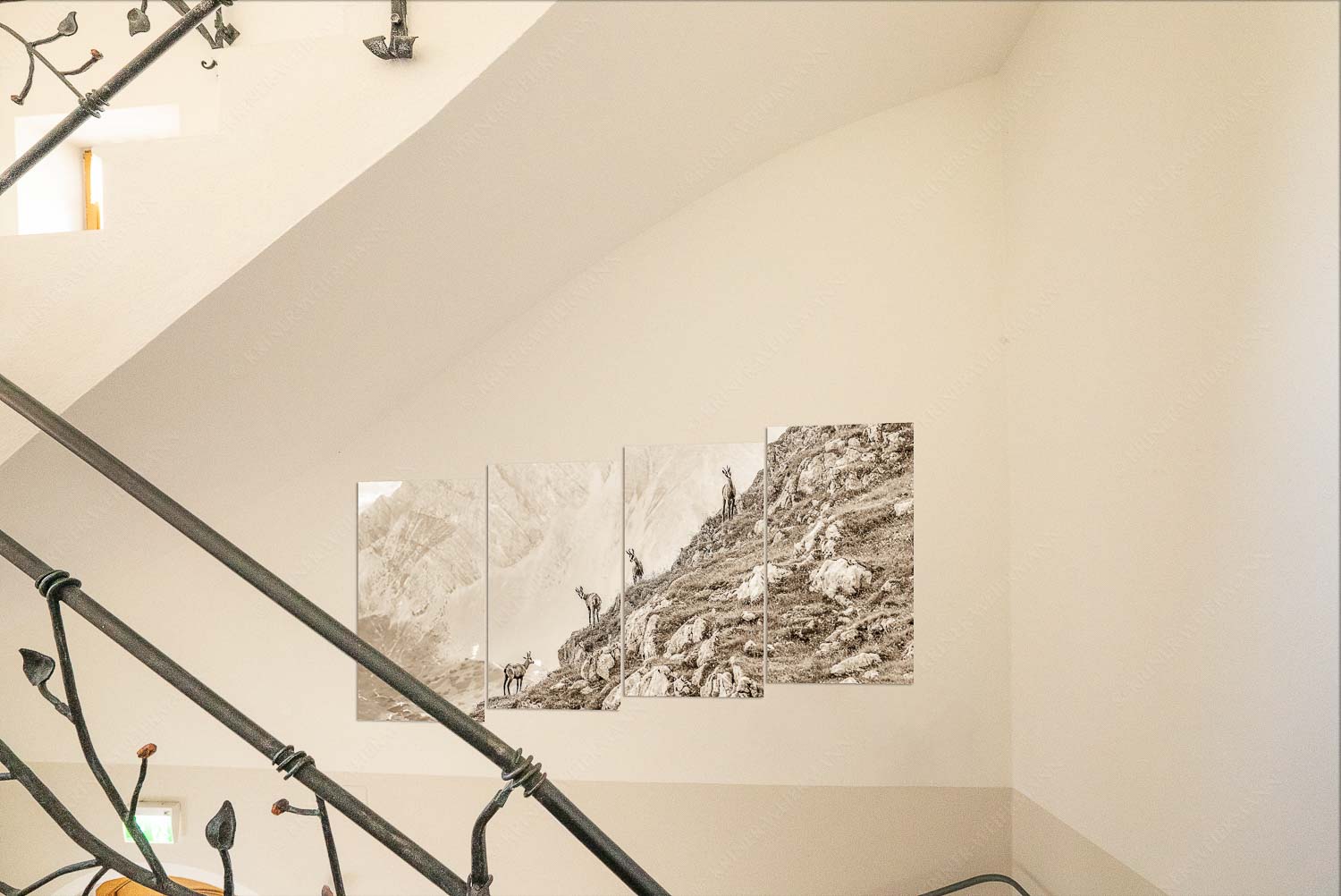 Junge Gams im Karwendel - Kriner Stubn Treppenaufgang1-Split Aufgereiht 2:1 sepia - mehr Infos bei www.Kriner-Weiermann.de