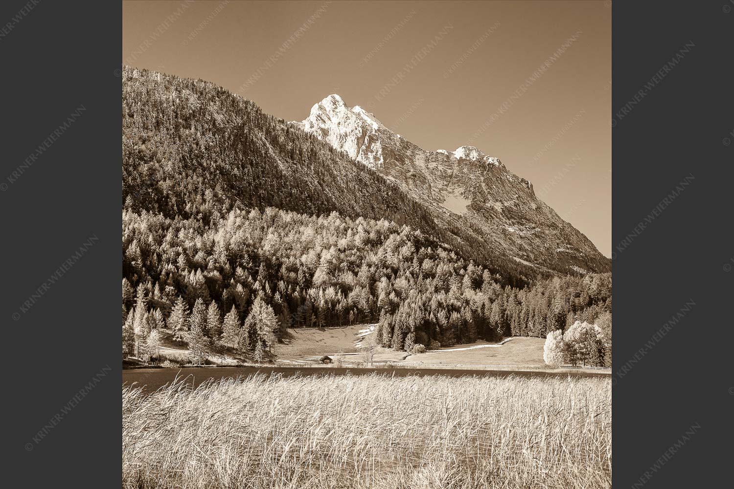 Blick über den Lautersee zum Grünkopf und der Unteren Wettersteinspitze - Lauterseeherbst 1:1 sepia -- Harbst am Lautersee mit Wetterstein - mehr Infos bei www.Kriner-Weiermann.de