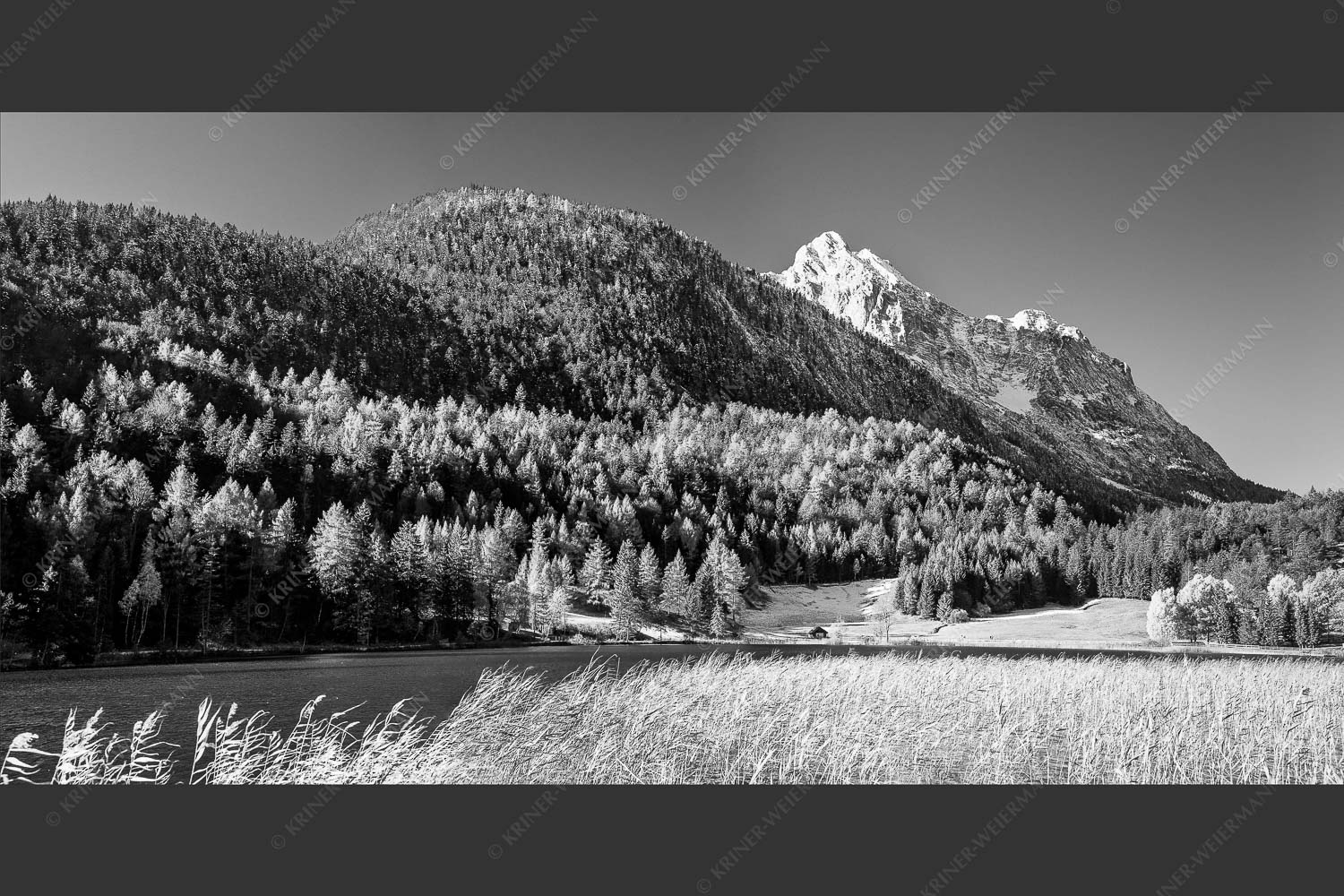 Blick über den Lautersee zum Grünkopf und der Unteren Wettersteinspitze - Lauterseeherbst 2:1 sw -- Harbst am Lautersee mit Wetterstein - mehr Infos bei www.Kriner-Weiermann.de