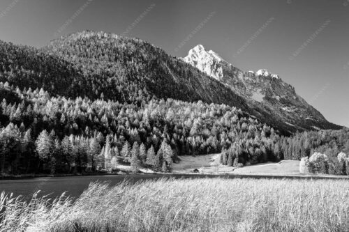Blick über den Lautersee zum Grünkopf und der Unteren Wettersteinspitze - Lauterseeherbst 3:2 sw -- Harbst am Lautersee mit Wetterstein - mehr Infos bei www.Kriner-Weiermann.de
