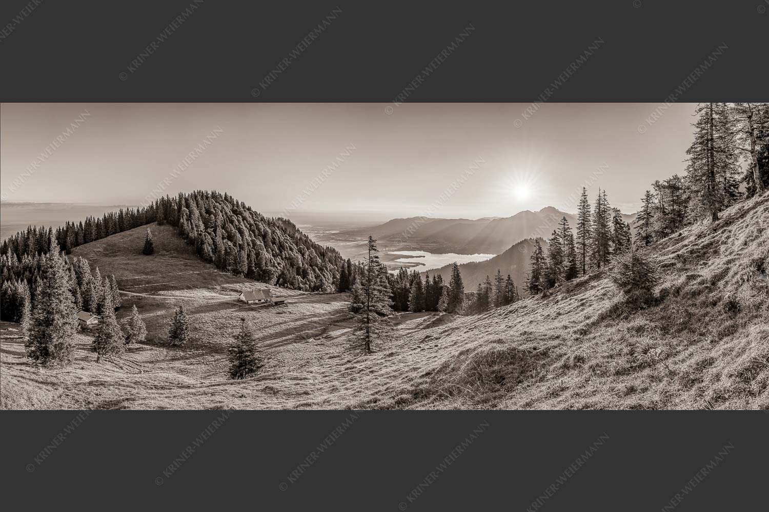 Herrlicher Sonnenaufgang auf der Kaseralm mit Blick auf den Kochelsee - Morgensymphonie 2,5:1 sepia -- Kaseralm unter Heimgarten - mehr Infos bei www.Kriner-Weiermann.de