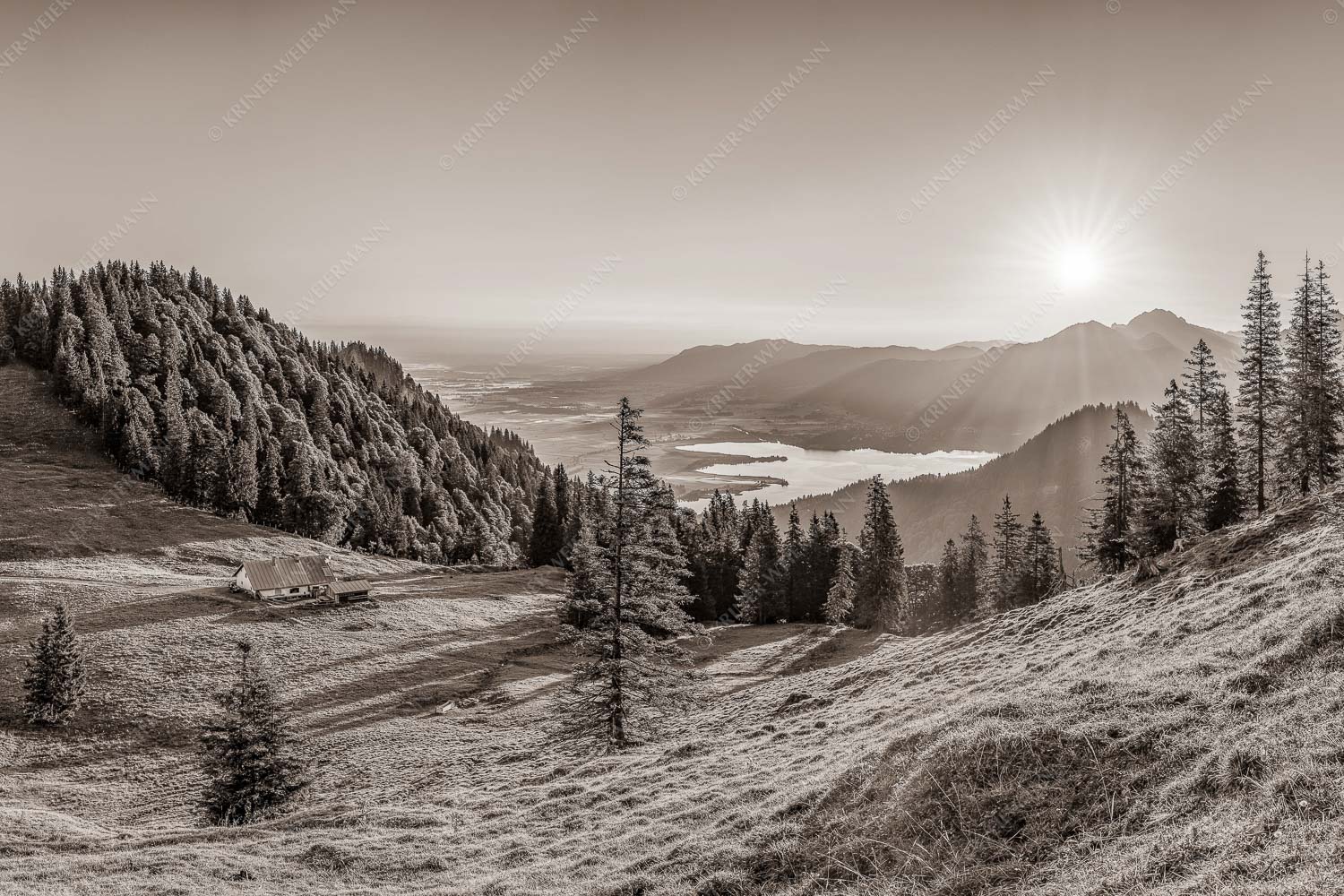 Herrlicher Sonnenaufgang auf der Kaseralm mit Blick auf den Kochelsee - Morgensymphonie 3:2 sepia -- Kaseralm unter Heimgarten - mehr Infos bei www.Kriner-Weiermann.de