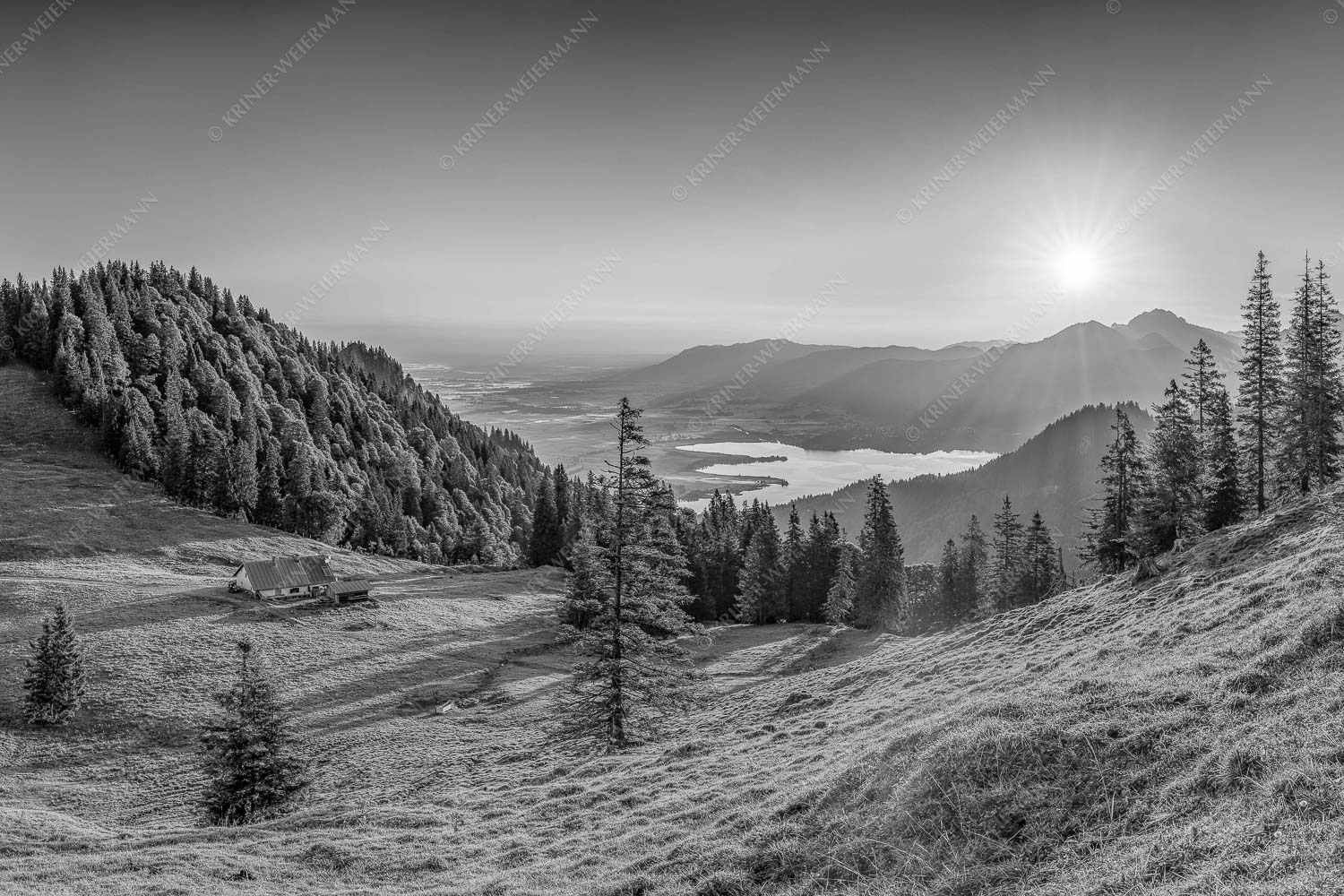 Herrlicher Sonnenaufgang auf der Kaseralm mit Blick auf den Kochelsee - Morgensymphonie 3:2 sw -- Kaseralm unter Heimgarten - mehr Infos bei www.Kriner-Weiermann.de