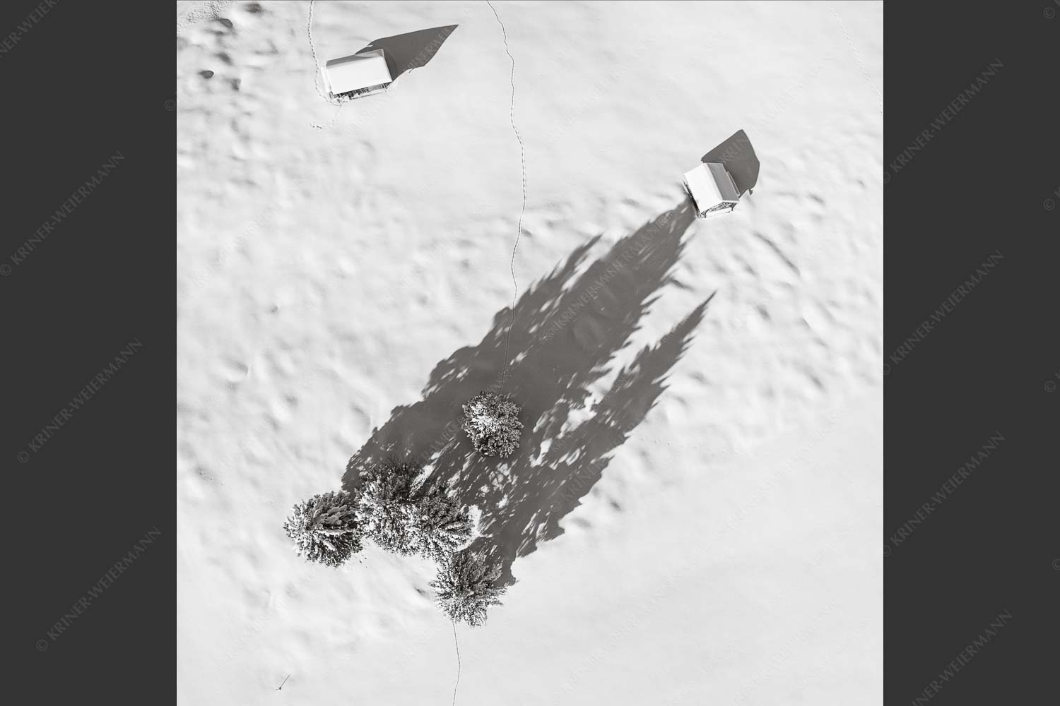 Blick auf eine Baumgruppe und Heustadel in Krün von Oben - Perspektive 1:1 sw -- Lange Schatten im Schnee - mehr Infos bei www.Kriner-Weiermann.de