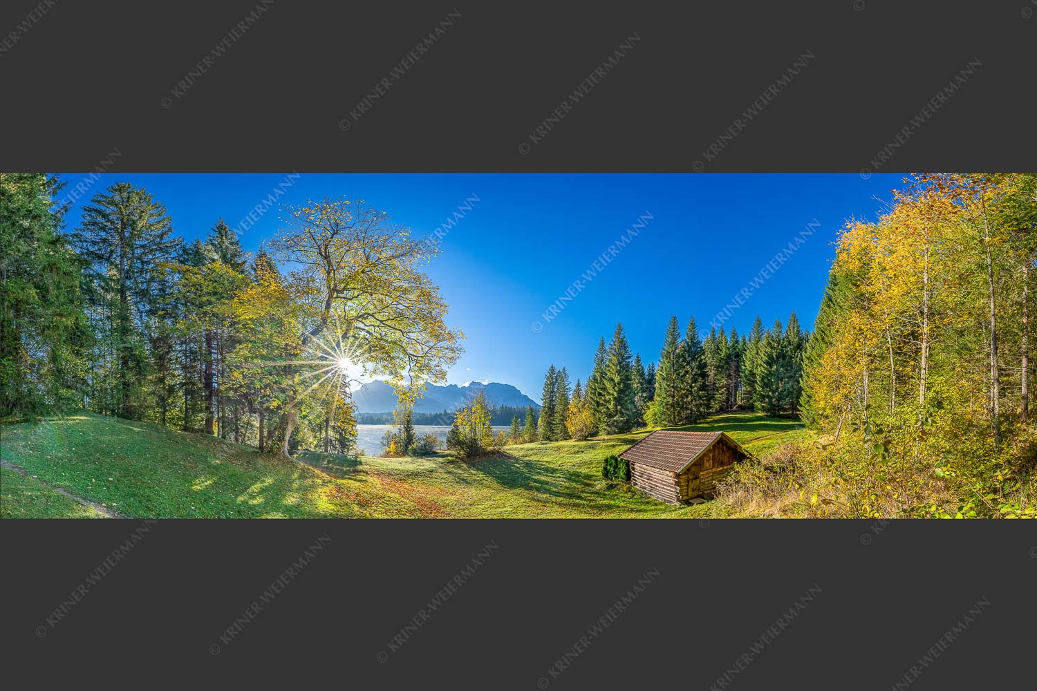 Blick über den Barmsee zum Karwendelgebirge - Schönste Plätze II 3:1  -- Alter Ahorn am Barmsee - mehr Infos bei www.Kriner-Weiermann.de